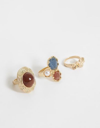 Reclaimed Vintage Reclaimed Vintage gold ring three pack with earth tone stones