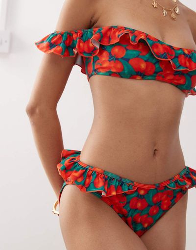 Reclaimed Vintage Reclaimed Vintage hipster bikini bottom with ruffles in fruity orange print-Multi