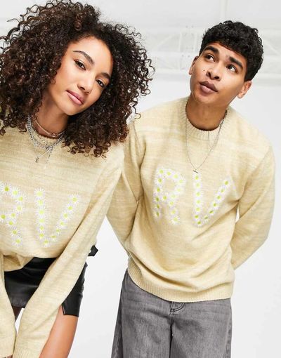 Reclaimed Vintage Reclaimed Vintage inspired unisex sweater with daisy embroidery in beige-Neutral