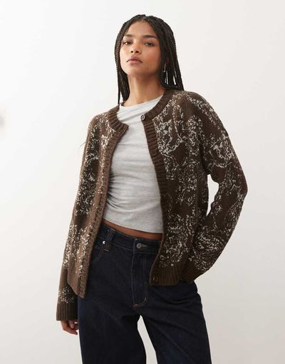 Reclaimed Vintage Reclaimed Vintage knit boxy cardigan with tapestry print in chocolate brown