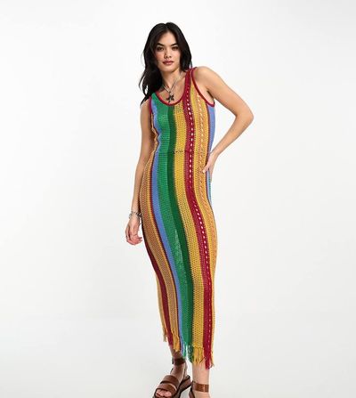 Reclaimed Vintage Reclaimed Vintage knit stripe dress with fringe hem-Multi