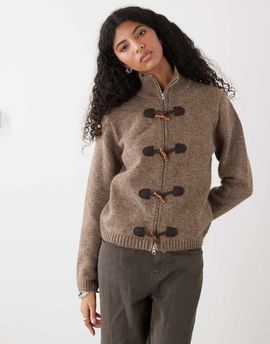 Reclaimed Vintage Reclaimed Vintage knit zip up with high neck and toggles in brown