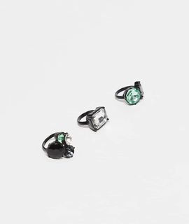 Reclaimed Vintage Reclaimed Vintage Limited Edition ring pack with green and black stones in silver-Multi