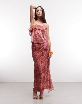 Reclaimed Vintage Reclaimed Vintage Limited Edition satin and chiffon mix skirt with ruffles in pink paisley print-Multi