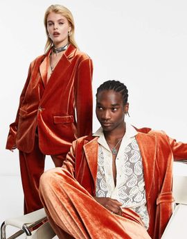 Reclaimed Vintage Reclaimed Vintage Limited Edition unisex velvet suit jacket in rust-Orange