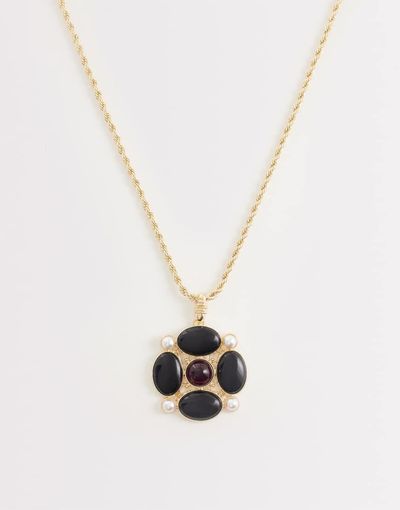 Reclaimed Vintage Reclaimed Vintage long line boho pendant necklace with rope detail chain in gold-Multi