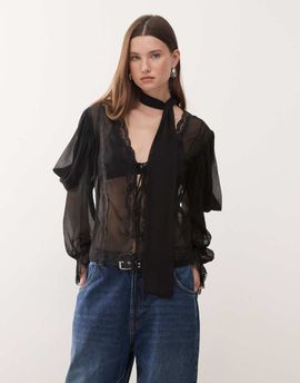 Reclaimed Vintage Reclaimed Vintage long sleeve sheer day top with lace trim and skinny scarf in black