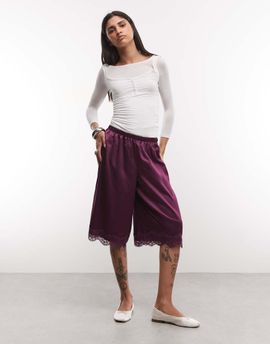 Reclaimed Vintage Reclaimed Vintage longline satin shorts with lace trim in plum-White