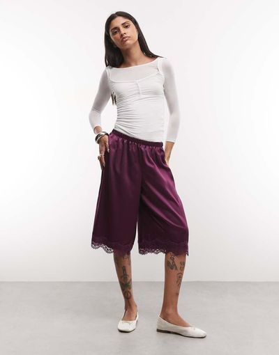 Reclaimed Vintage Reclaimed Vintage longline satin shorts with lace trim in plum-White