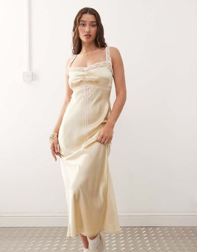 Reclaimed Vintage Reclaimed Vintage maxi slip dress with contrast pink trim in cream-White