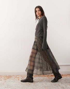 Reclaimed Vintage Reclaimed Vintage midaxi circle skirt in sheer spliced plaid print-Multi