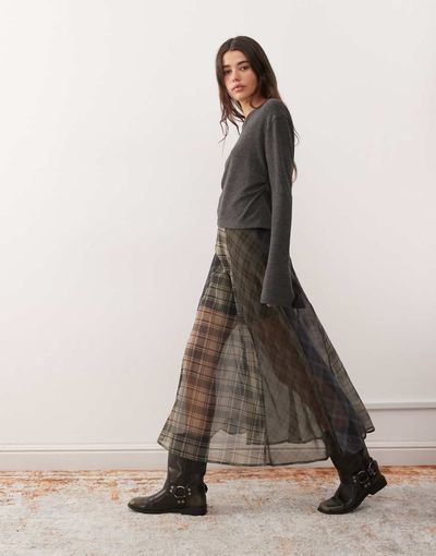 Reclaimed Vintage Reclaimed Vintage midaxi circle skirt in sheer spliced plaid print-Multi