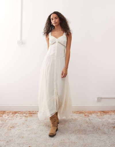 Reclaimed Vintage Reclaimed Vintage midi cami dress with lace inserts and button down front in ivory-White