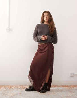Reclaimed Vintage Reclaimed Vintage midi skirt with asymmetric lace hem in chocolate brown