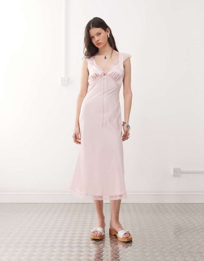 Reclaimed Vintage Reclaimed Vintage midi tea dress with lace inserts in baby pink-Multi