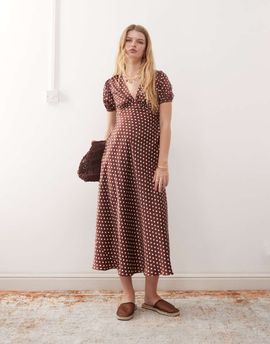 Reclaimed Vintage Reclaimed Vintage midi tea dress with puff sleeves and cross back in brown polka dots-Multi