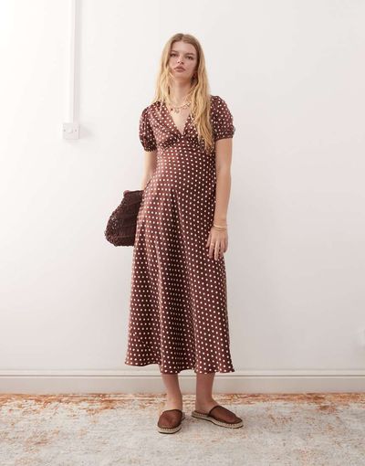 Reclaimed Vintage Reclaimed Vintage midi tea dress with puff sleeves and cross back in brown polka dots-Multi