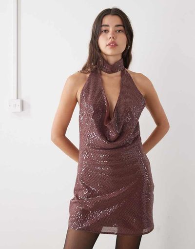 Reclaimed Vintage Reclaimed Vintage mini dress with cowl neck and choker detail in burgundy red sequin