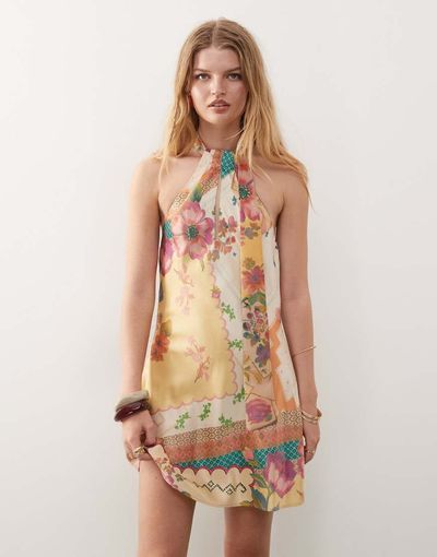 Reclaimed Vintage Reclaimed Vintage mini dress with scarf detail in yellow floral print-Multi