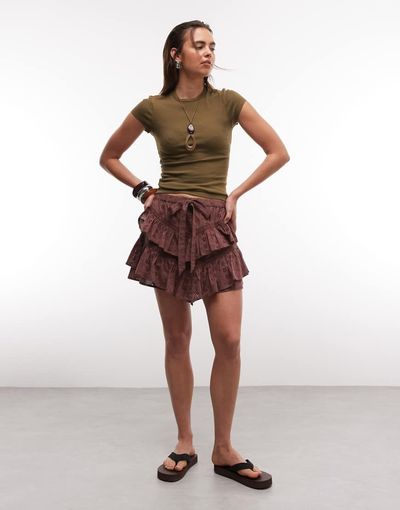 Reclaimed Vintage Reclaimed Vintage mini skort with ruffles in brown eyelet