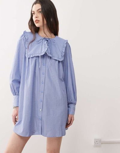 Reclaimed Vintage Reclaimed Vintage mini smock dress with oversized collar in blue stripe