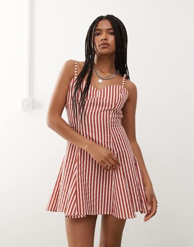 Reclaimed Vintage Reclaimed Vintage mini sun dress with bust seam detail and godets in burgundy stripe-Multi