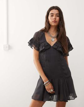 Reclaimed Vintage Reclaimed Vintage mini tea dress with cape collar in charcoal gray-Purple