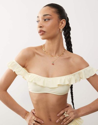 Reclaimed Vintage Reclaimed Vintage off the shoulder bikini top with ruffle in butter yellow-Multi