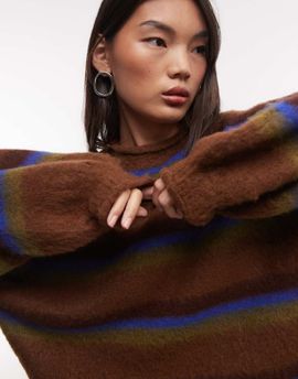 Reclaimed Vintage Reclaimed Vintage oversized fluffy stripe balloon sleeve sweater in multi-Brown