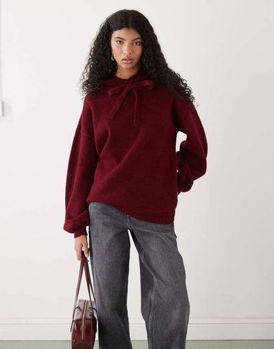Reclaimed Vintage Reclaimed Vintage oversized knit hoodie in raspberry red
