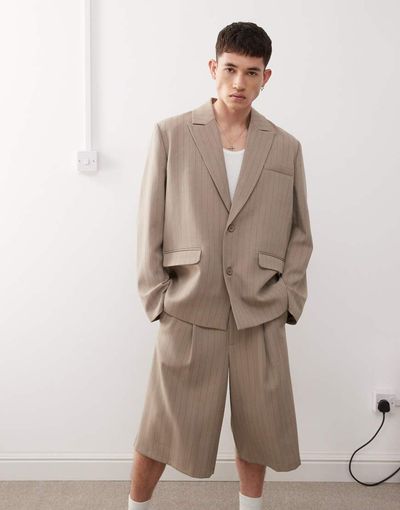 Reclaimed Vintage Reclaimed Vintage oversized summer blazer in beige pinstripes-Gray