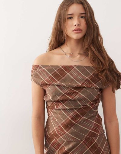 Reclaimed Vintage Reclaimed Vintage plaid print tailored off shoulder top in brown - part of a set-pink