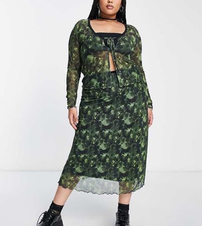 Reclaimed Vintage Reclaimed Vintage Plus mesh midi skirt in grunge green floral print - part of a set