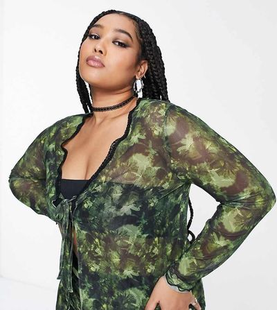 Reclaimed Vintage Reclaimed Vintage Plus mesh top in grunge green floral print - part of a set