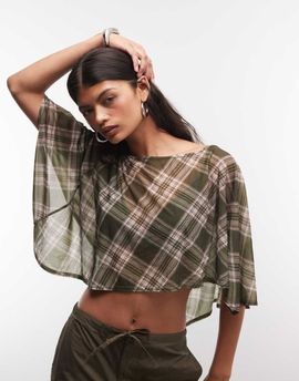 Reclaimed Vintage Reclaimed Vintage poncho top in green check-Multi