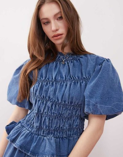 Reclaimed Vintage Reclaimed vintage puff sleeve shirred detail top in blue denim wash - part of a set