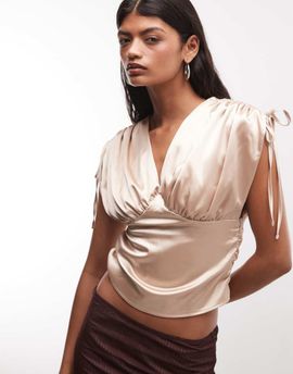 Reclaimed Vintage Reclaimed Vintage ruched shoulder satin V-neck top in champagne-White