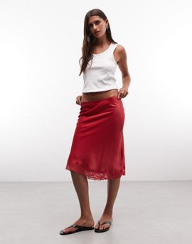 Reclaimed Vintage Reclaimed Vintage satin awkward length skirt with lace trim in red