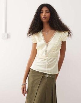Reclaimed Vintage Reclaimed Vintage satin day top with pintucks and lace trim in butter yellow