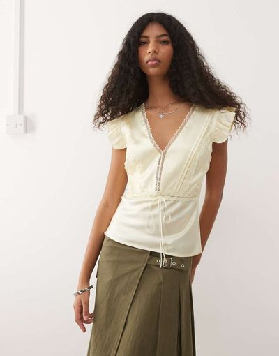 Reclaimed Vintage Reclaimed Vintage satin day top with pintucks and lace trim in butter yellow