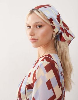 Reclaimed Vintage Reclaimed Vintage satin headscarf in blue and brown geo print - part of a set-Multi