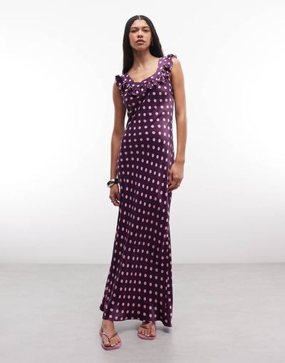 Reclaimed Vintage Reclaimed Vintage satin maxi day dress with frill neck in raspberry polka dots-Multi
