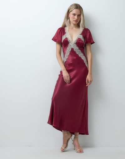 Reclaimed Vintage Reclaimed vintage satin maxi tea dress with lace trim in burgundy-RED