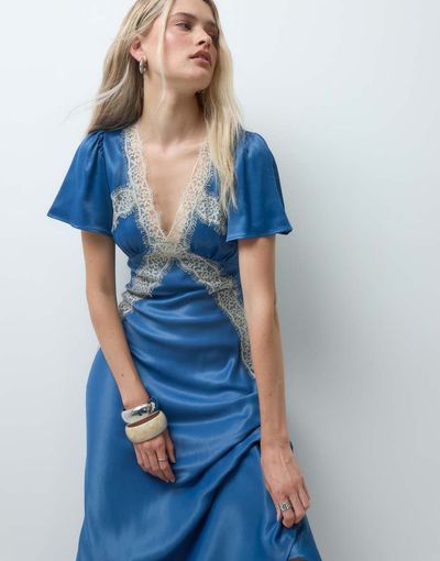 Reclaimed Vintage Reclaimed Vintage satin maxi tea dress with lace trim in navy