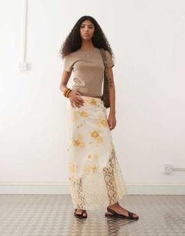 Reclaimed Vintage Reclaimed Vintage satin midi skirt with asymmetric hem and lace panel in yellow floral print-Multi