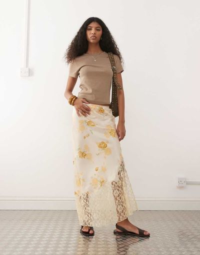 Reclaimed Vintage Reclaimed Vintage satin midi skirt with asymmetric hem and lace panel in yellow floral print-Multi