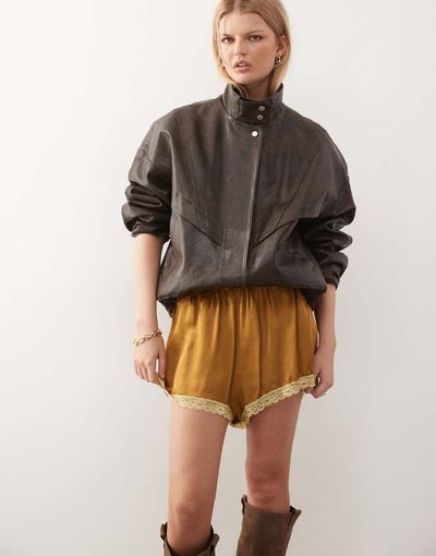 Reclaimed Vintage Reclaimed Vintage satin shorts with lace trim in mustard and green