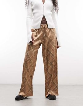 Reclaimed Vintage Reclaimed Vintage satin wide leg pants in beige check-Multi
