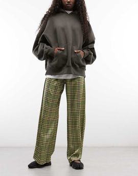 Reclaimed Vintage Reclaimed Vintage satin wide leg pants in green plaid-Multi