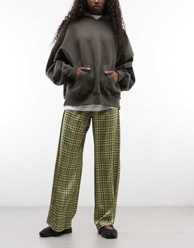Reclaimed Vintage Reclaimed Vintage satin wide leg pants in green plaid-Multi